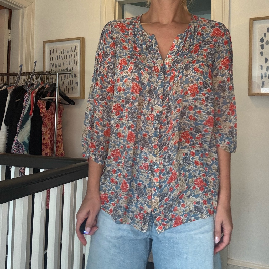 Joie Xs Blue Floral Silk Blend Blouse 3/4 Sleeve V-Neck Top